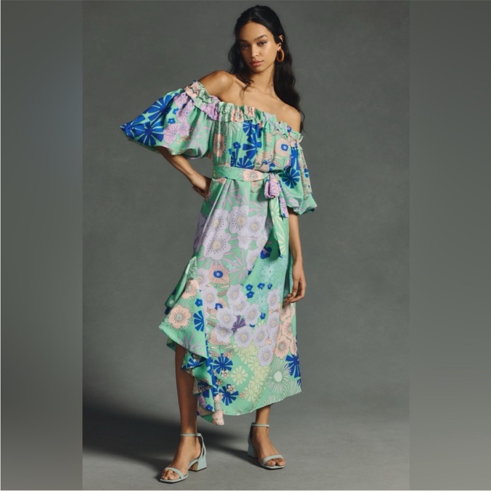 Anthropologie Asymmetrical Floral Dress in Green and Blue
